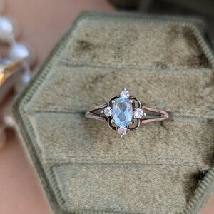 Vintage Art Deco style sterling silver ring w/ aquamarine & CZ Stones, Size 8